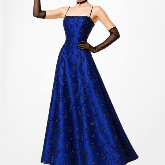 Vintage Blue Black Mesh Velvet Beaded Flared Maxi Prom Dress Size M - Picture 1 of 13